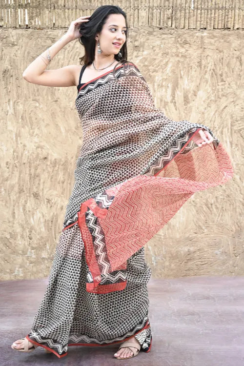 Bagru Statements : Hand Block Printed Kota Doria Saree - A Triangle Story