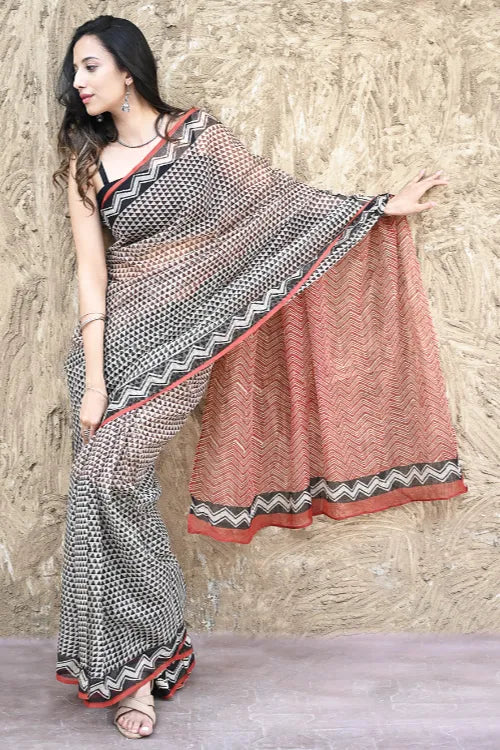 Bagru Statements : Hand Block Printed Kota Doria Saree - A Triangle Story