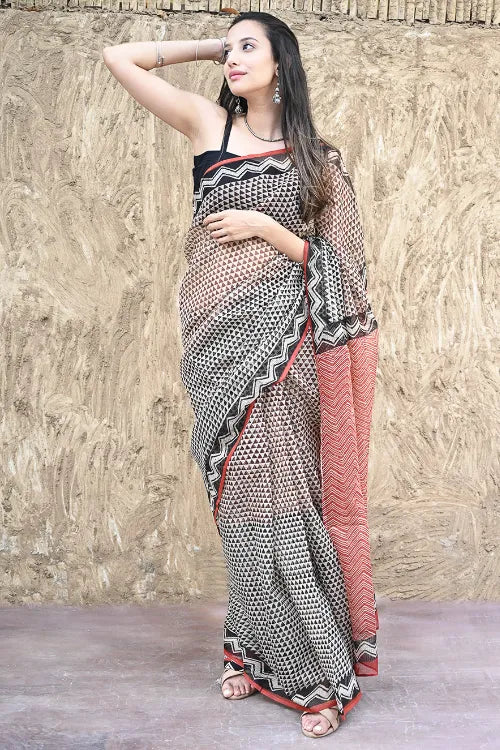 Bagru Statements : Hand Block Printed Kota Doria Saree - A Triangle Story