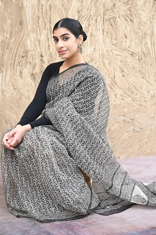 Bagru Statements : Hand Block Printed Kota Doria Saree - A Palace Courtyard
