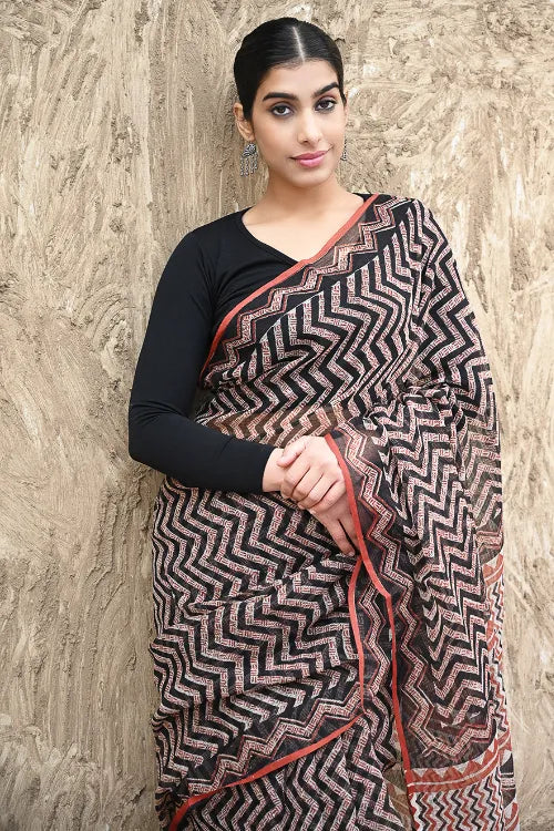 Bagru Statements : Hand Block Printed Kota Doria Saree - Leher Mitti