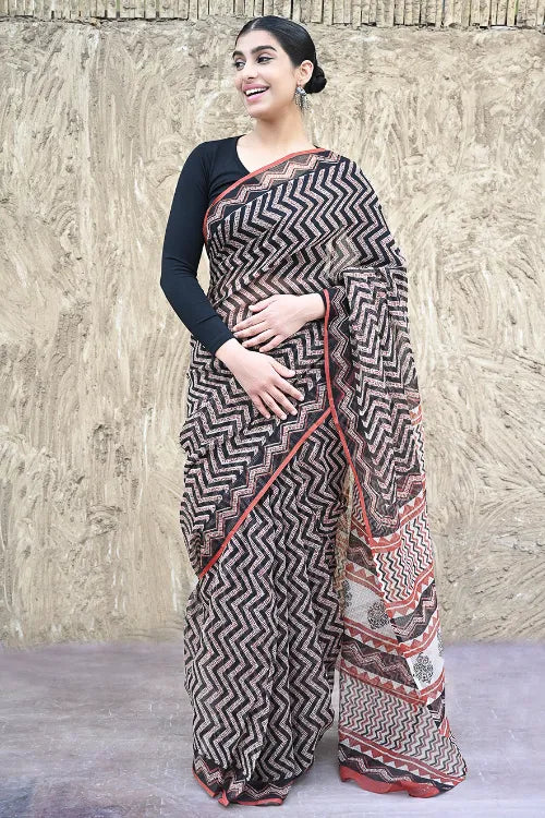 Bagru Statements : Hand Block Printed Kota Doria Saree - Leher Mitti