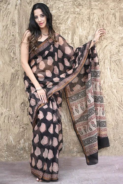 Bagru Statements : Hand Block Printed Kota Doria Saree - Bold Paisleys