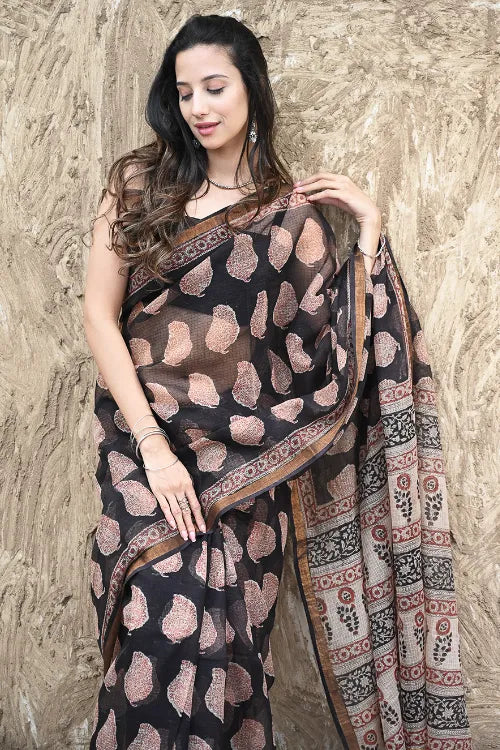 Bagru Statements : Hand Block Printed Kota Doria Saree - Bold Paisleys