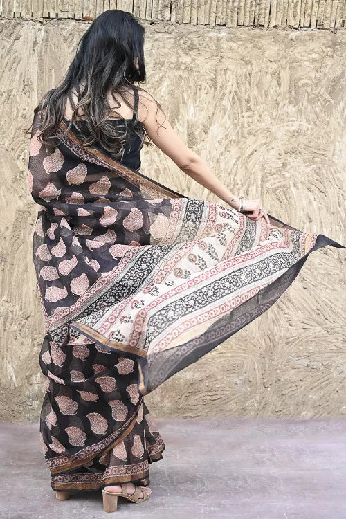 Bagru Statements : Hand Block Printed Kota Doria Saree - Bold Paisleys