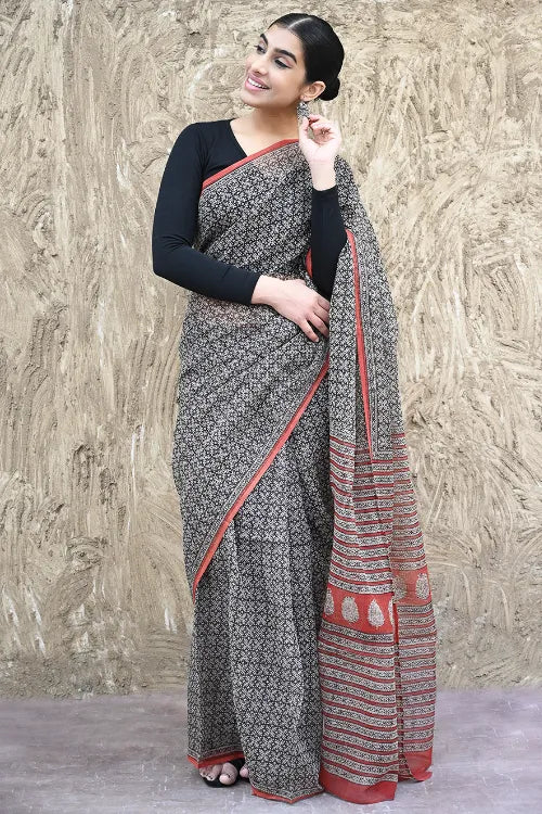 Bagru Statements : Hand Block Printed Kota Doria Saree - Zariya Baagh