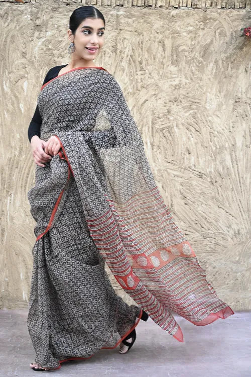 Bagru Statements : Hand Block Printed Kota Doria Saree - Zariya Baagh