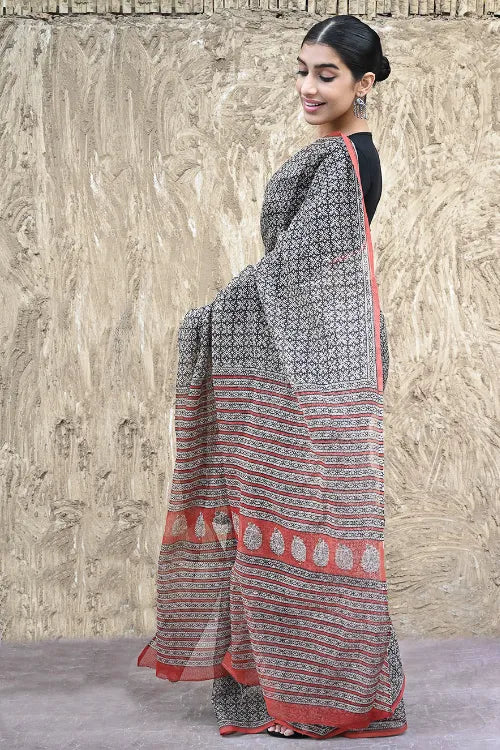 Bagru Statements : Hand Block Printed Kota Doria Saree - Zariya Baagh