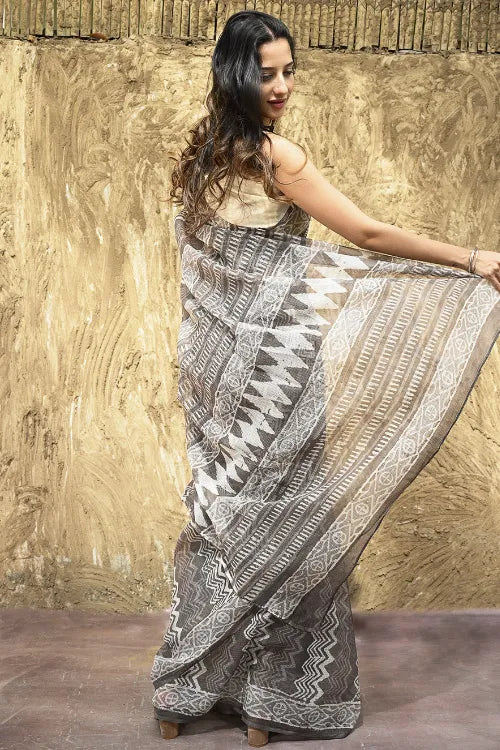 Dabu Vibes : Hand Block Printed Kota Doria Saree - Earthy Taupe