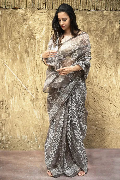Dabu Vibes : Hand Block Printed Kota Doria Saree - Earthy Taupe