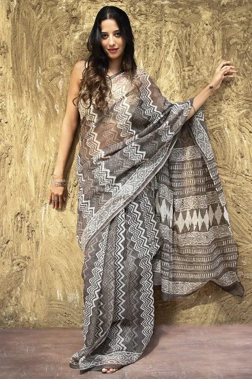 Dabu Vibes : Hand Block Printed Kota Doria Saree - Earthy Taupe