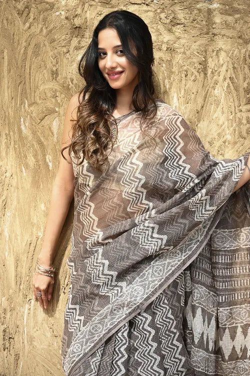 Dabu Vibes : Hand Block Printed Kota Doria Saree - Earthy Taupe