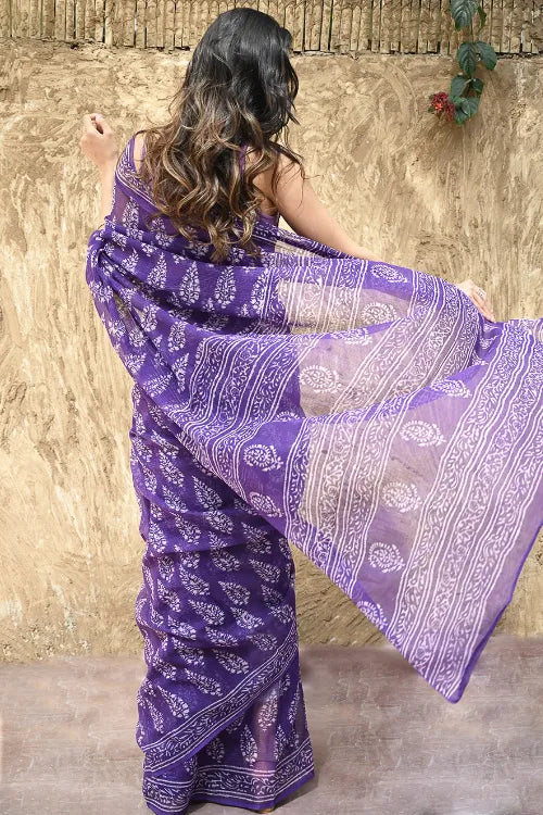 Dabu Vibes : Hand Block Printed Kota Doria Saree - Purple Hues