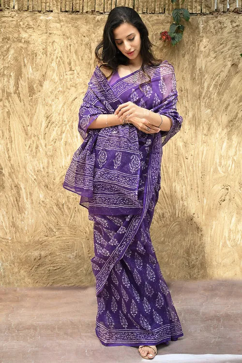 Dabu Vibes : Hand Block Printed Kota Doria Saree - Purple Hues