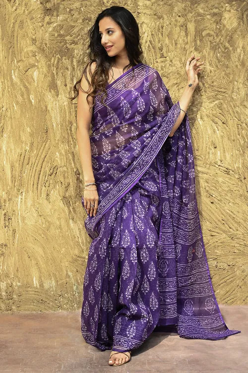 Dabu Vibes : Hand Block Printed Kota Doria Saree - Purple Hues