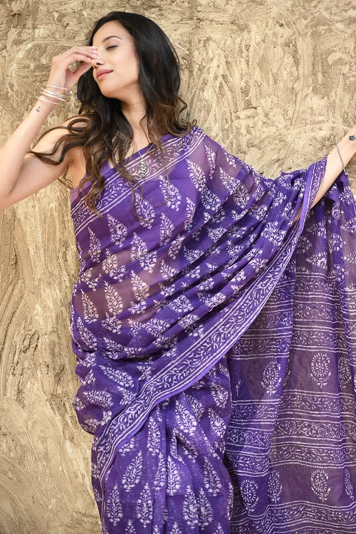 Dabu Vibes : Hand Block Printed Kota Doria Saree - Purple Hues