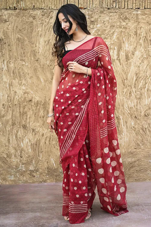Dabu Vibes : Hand Block Printed Kota Doria Saree - Laal Bindiya