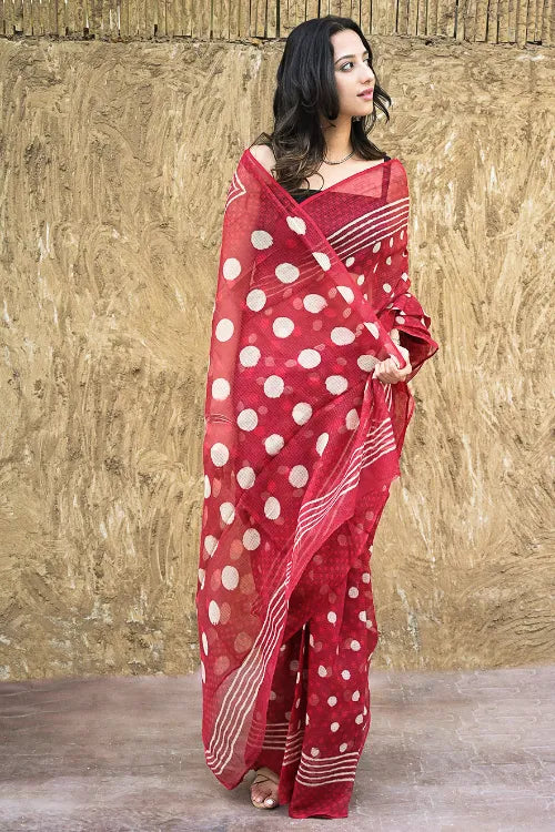 Dabu Vibes : Hand Block Printed Kota Doria Saree - Laal Bindiya
