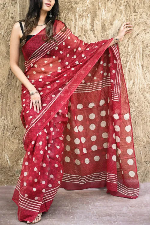 Dabu Vibes : Hand Block Printed Kota Doria Saree - Laal Bindiya