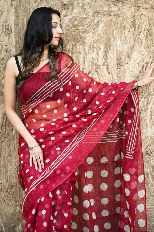 Dabu Vibes : Hand Block Printed Kota Doria Saree - Laal Bindiya