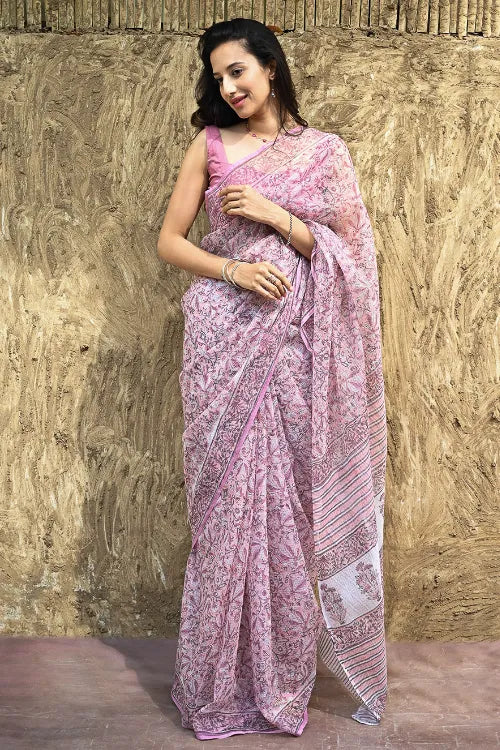 Sanganer Summers : Hand Block Printed Kota Doria Saree - Rosy Garden Picnic