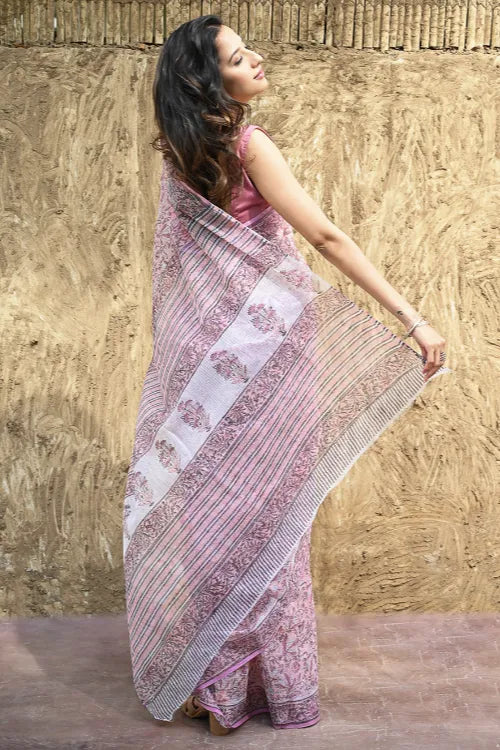 Sanganer Summers : Hand Block Printed Kota Doria Saree - Rosy Garden Picnic