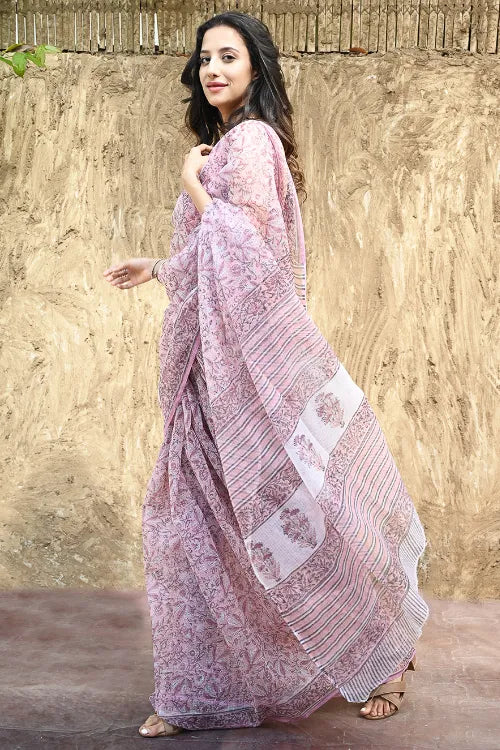 Sanganer Summers : Hand Block Printed Kota Doria Saree - Rosy Garden Picnic