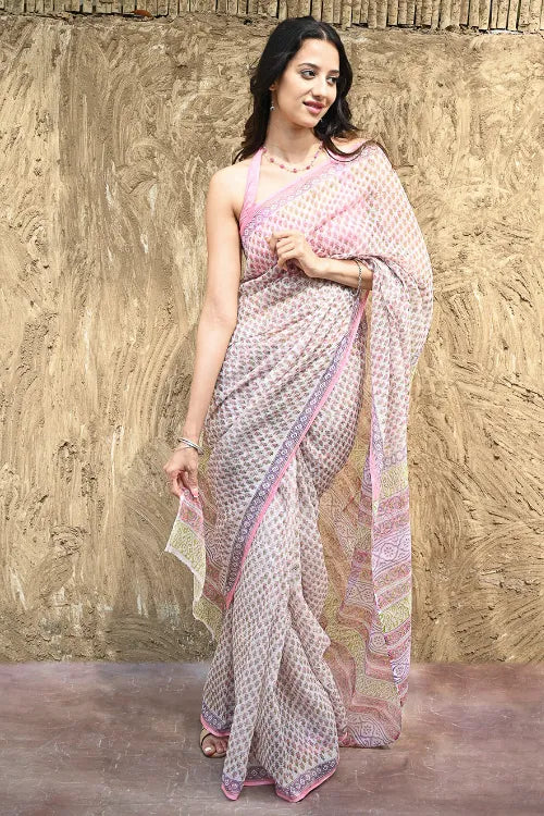 Sanganer Summers : Hand Block Printed Kota Doria Saree - Gulabi Jaal