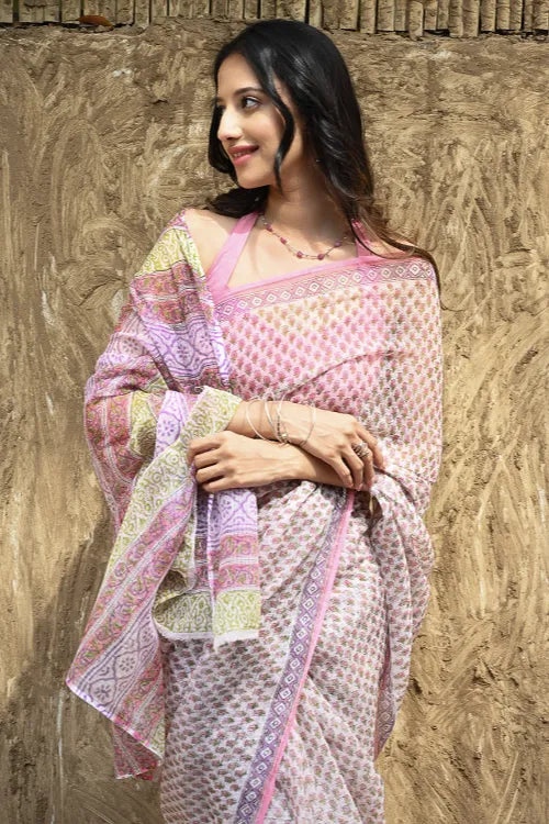 Sanganer Summers : Hand Block Printed Kota Doria Saree - Gulabi Jaal