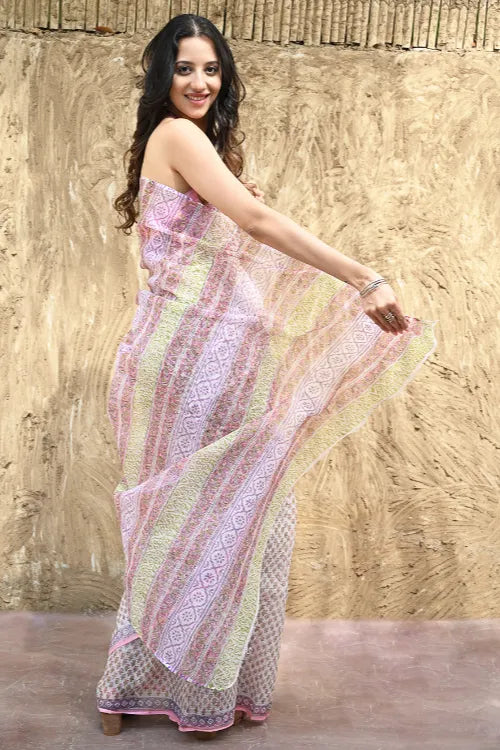 Sanganer Summers : Hand Block Printed Kota Doria Saree - Gulabi Jaal