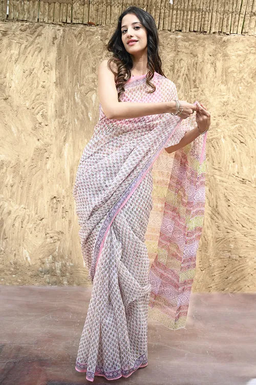 Sanganer Summers : Hand Block Printed Kota Doria Saree - Gulabi Jaal
