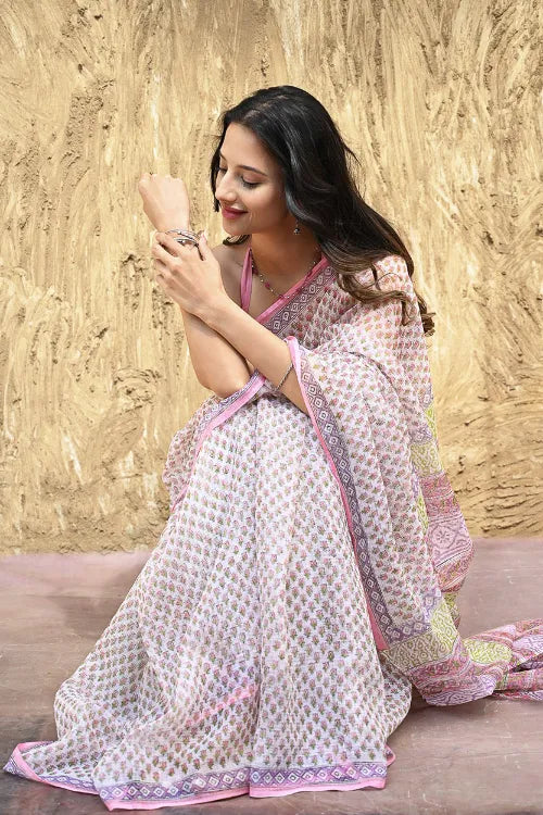 Sanganer Summers : Hand Block Printed Kota Doria Saree - Gulabi Jaal