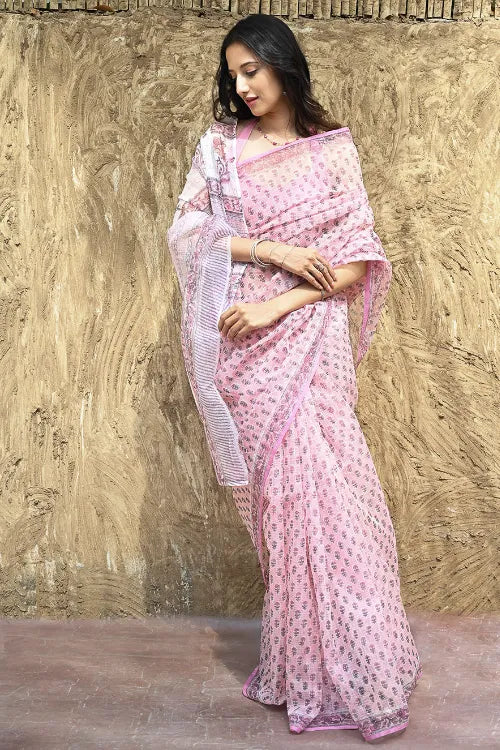 Sanganer Summers : Hand Block Printed Kota Doria Saree - Baby Blush Pink