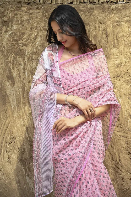 Sanganer Summers : Hand Block Printed Kota Doria Saree - Baby Blush Pink