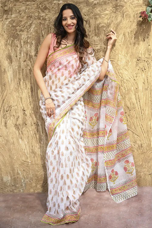 Sanganer Summers : Hand Block Printed Kota Doria Saree - Basant Garden