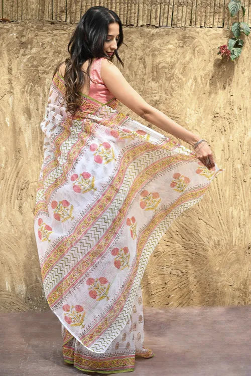 Sanganer Summers : Hand Block Printed Kota Doria Saree - Basant Garden