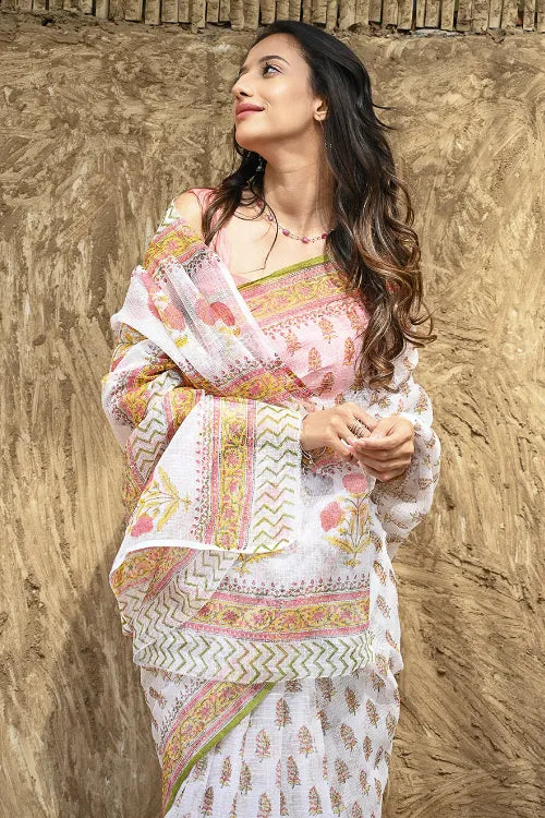 Sanganer Summers : Hand Block Printed Kota Doria Saree - Basant Garden