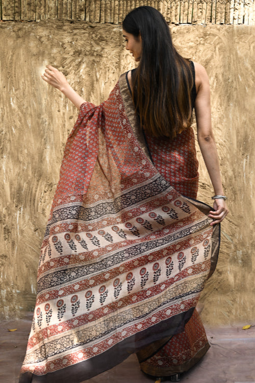 The ICH Bagru Statements : Hand Block Printed Silk Kota Doria Saree - Kesar Baag