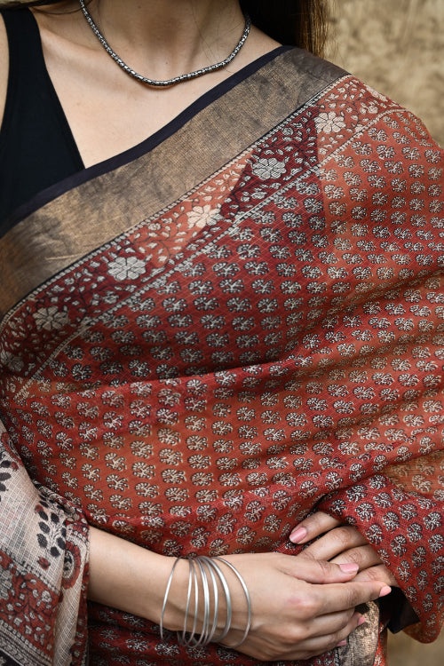 The ICH Bagru Statements : Hand Block Printed Silk Kota Doria Saree - Kesar Baag