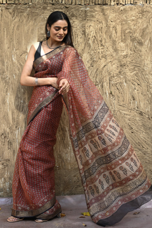 The ICH Bagru Statements : Hand Block Printed Silk Kota Doria Saree - Kesar Baag