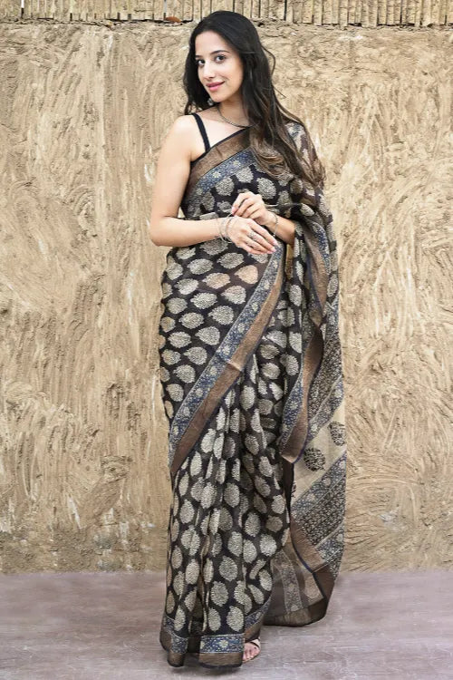 Bagru Statements : Hand Block Printed Silk Kota Doria Saree - Paisley Shrubs