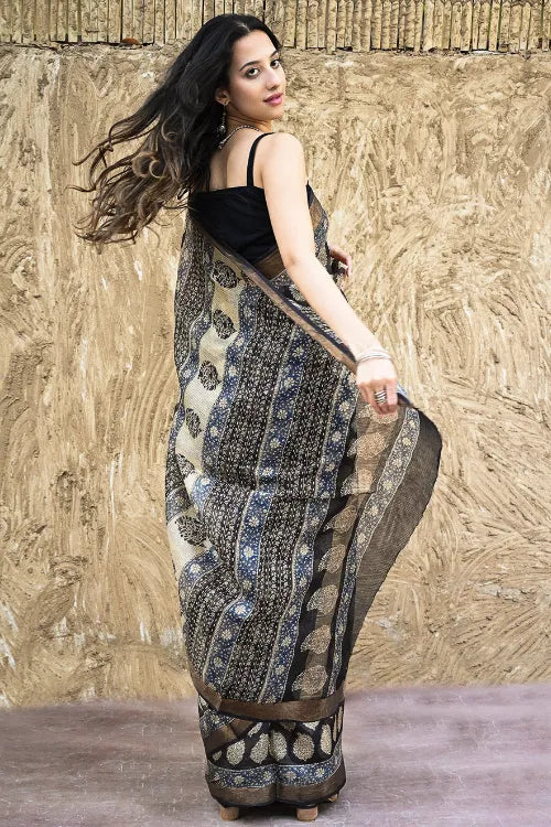 Bagru Statements : Hand Block Printed Silk Kota Doria Saree - Paisley Shrubs
