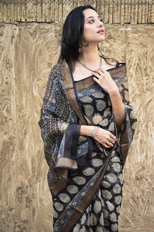 Bagru Statements : Hand Block Printed Silk Kota Doria Saree - Paisley Shrubs