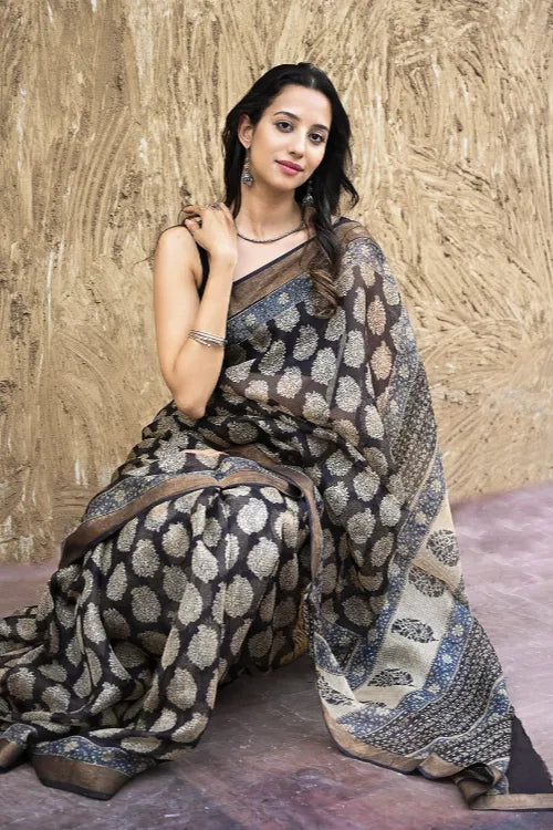 Bagru Statements : Hand Block Printed Silk Kota Doria Saree - Paisley Shrubs