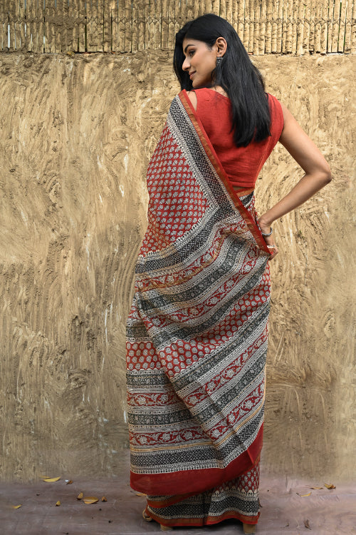 The ICH Bagru Statements : Hand Block Printed Chanderi Saree - Rajrekha