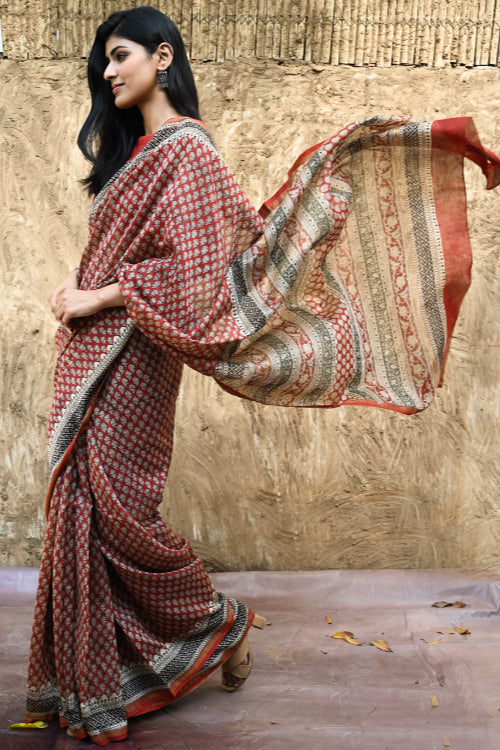 The ICH Bagru Statements : Hand Block Printed Chanderi Saree - Rajrekha