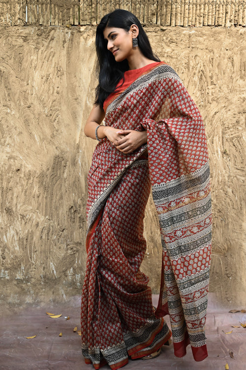 The ICH Bagru Statements : Hand Block Printed Chanderi Saree - Rajrekha