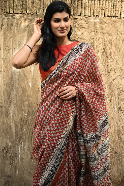 The ICH Bagru Statements : Hand Block Printed Chanderi Saree - Rajrekha