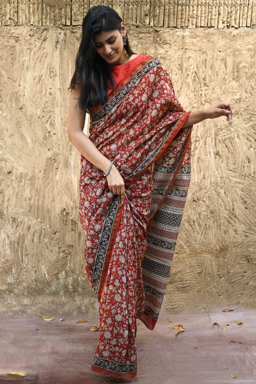 The ICH Bagru Statements : Hand Block Printed Chanderi Saree - Pushpa Jaal