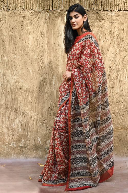 The ICH Bagru Statements : Hand Block Printed Chanderi Saree - Pushpa Jaal